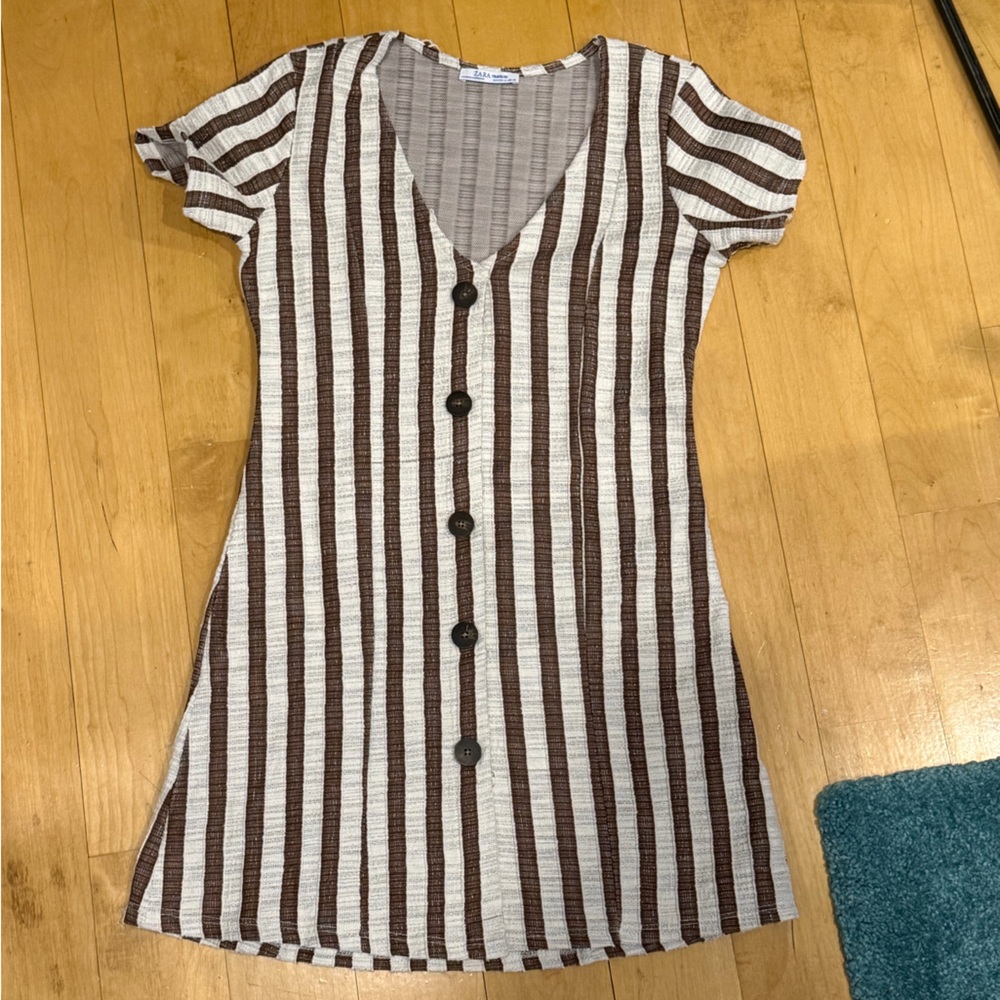 Zara Trafaluc Striped Brown and White Faux Button-Up Shift Mini Dress